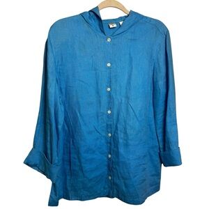 Real Clothes Bold Blue Button-Up hooded tunic 100% linen size 12 ladies chic